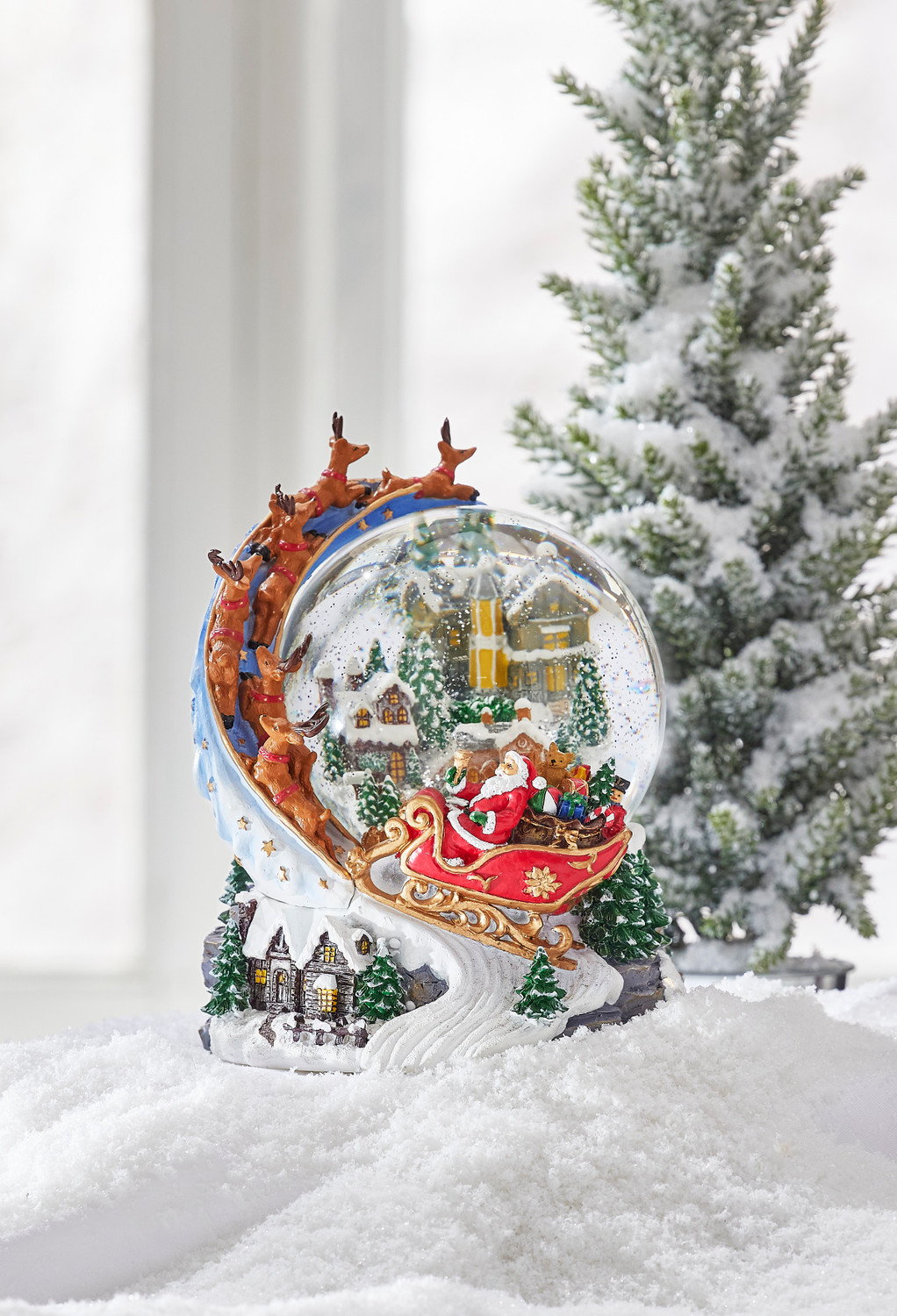 Raz 7.5 Santa and Sleigh Lighted Swirling Glitter Water Globe Christmas  Snow Globe 4200758