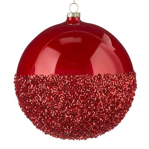 Raz 6" Half Glittered Red Glass Ball Christmas Ornament