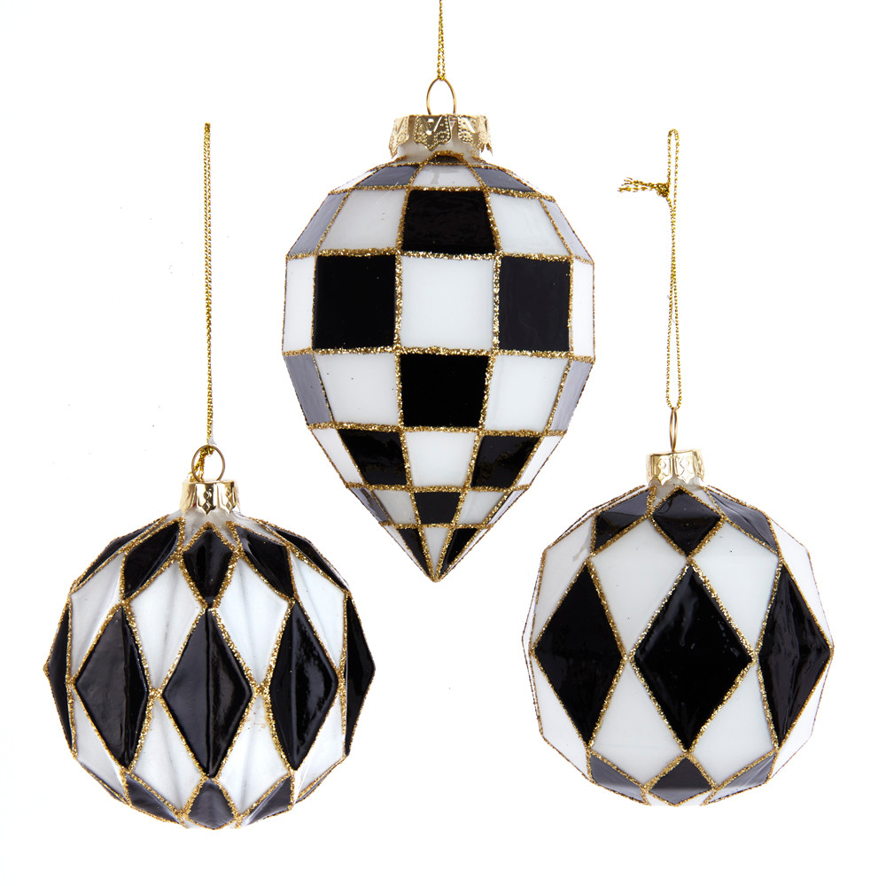 Kurt Adler Black and White Harlequin Ball and Finial Glass