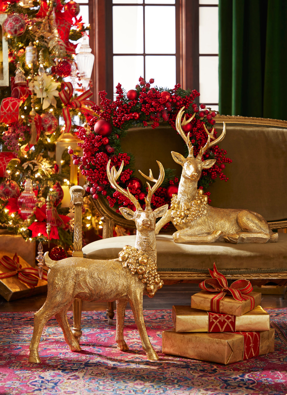 Raz Gold Laying or Standing Deer with Wreath Christmas Decoration ...