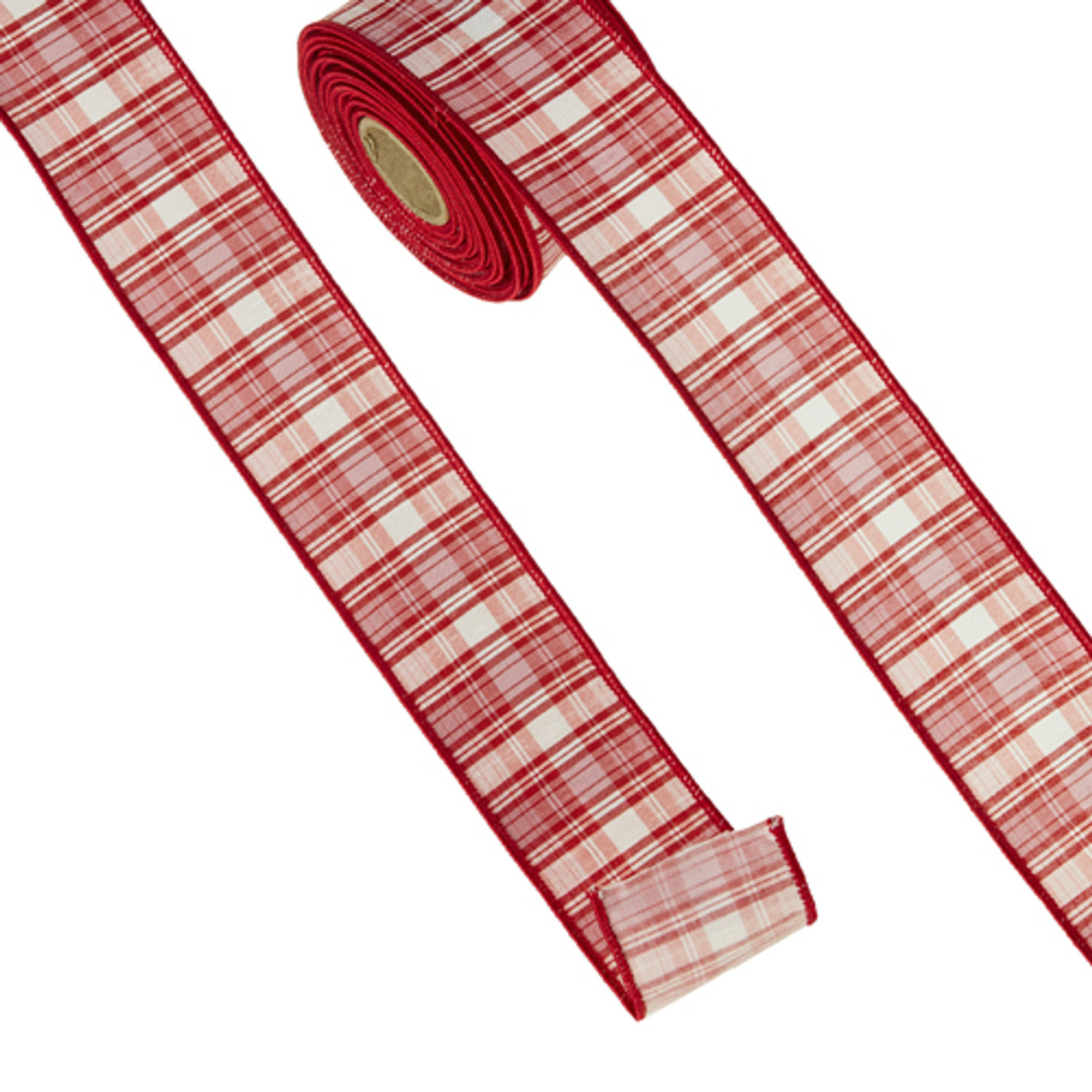 1 1/2 Wired Ribbon, White w/ Pink/Red Printed Bias Plaid