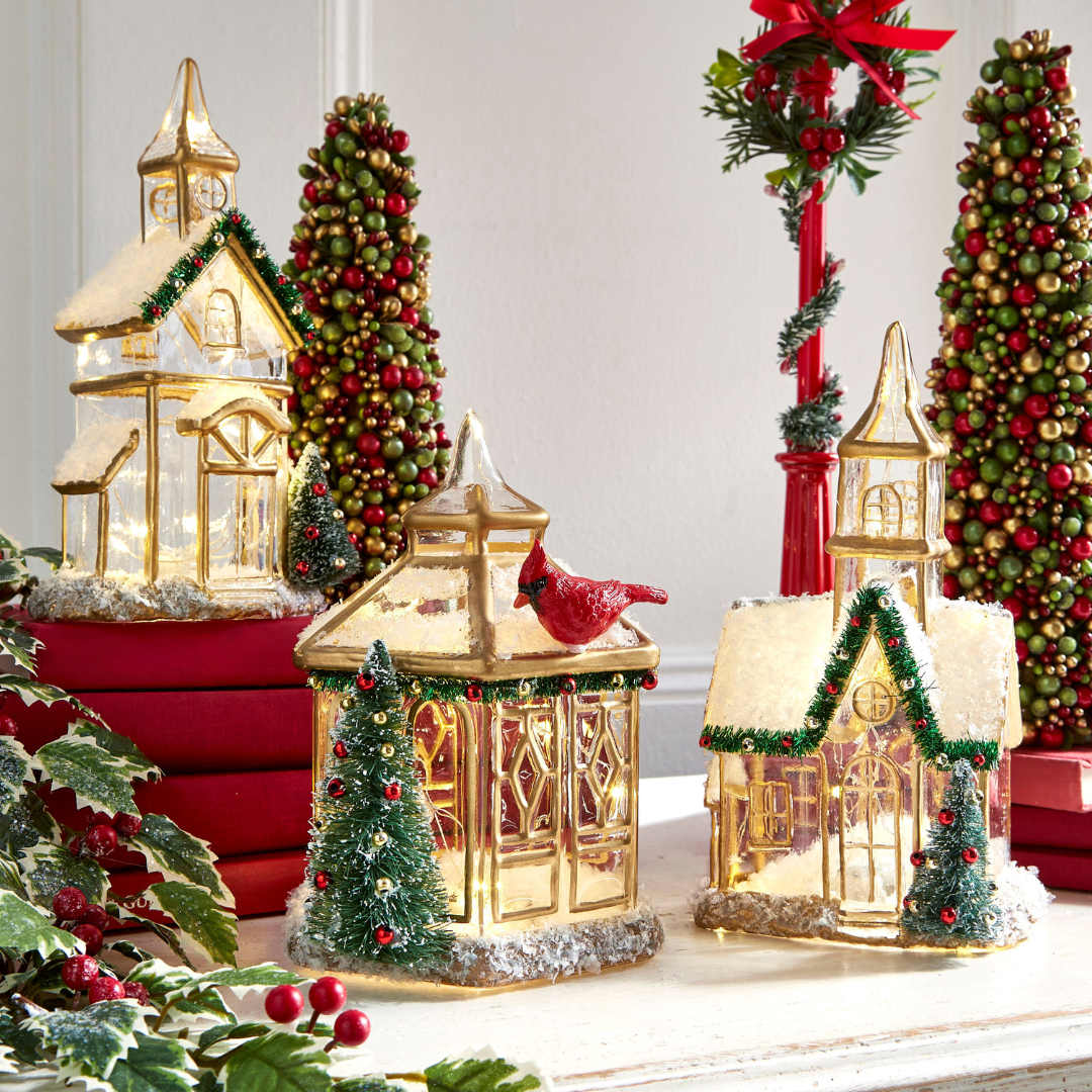 Raz Glass Lighted Gold Church or Pagoda Christmas Figure - Thumbnail 2