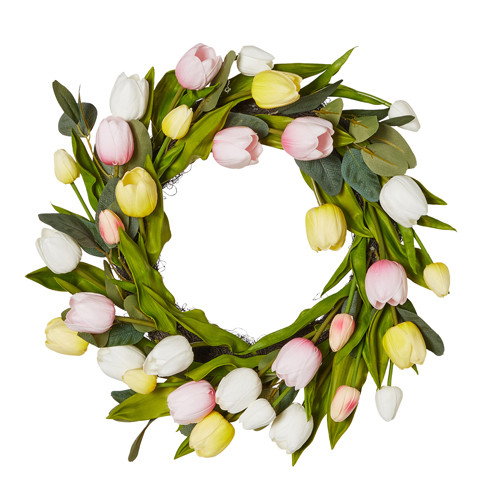 Raz 22" Pink, White and Yellow Tulip Spring Wreath - Thumbnail 2