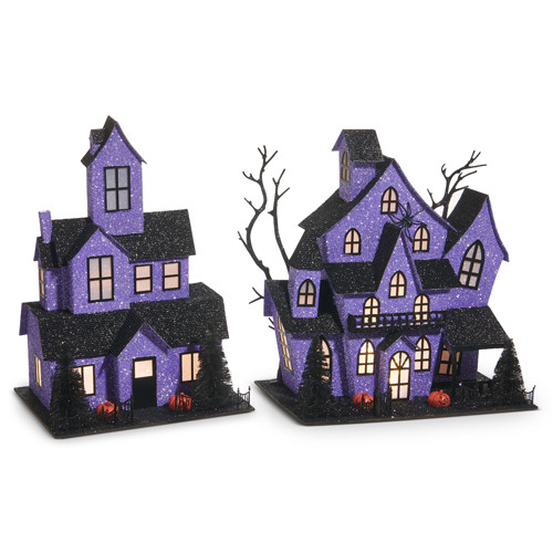 Raz 12.75" Lighted Battery Operated Purple Haunted House Halloween Decoration