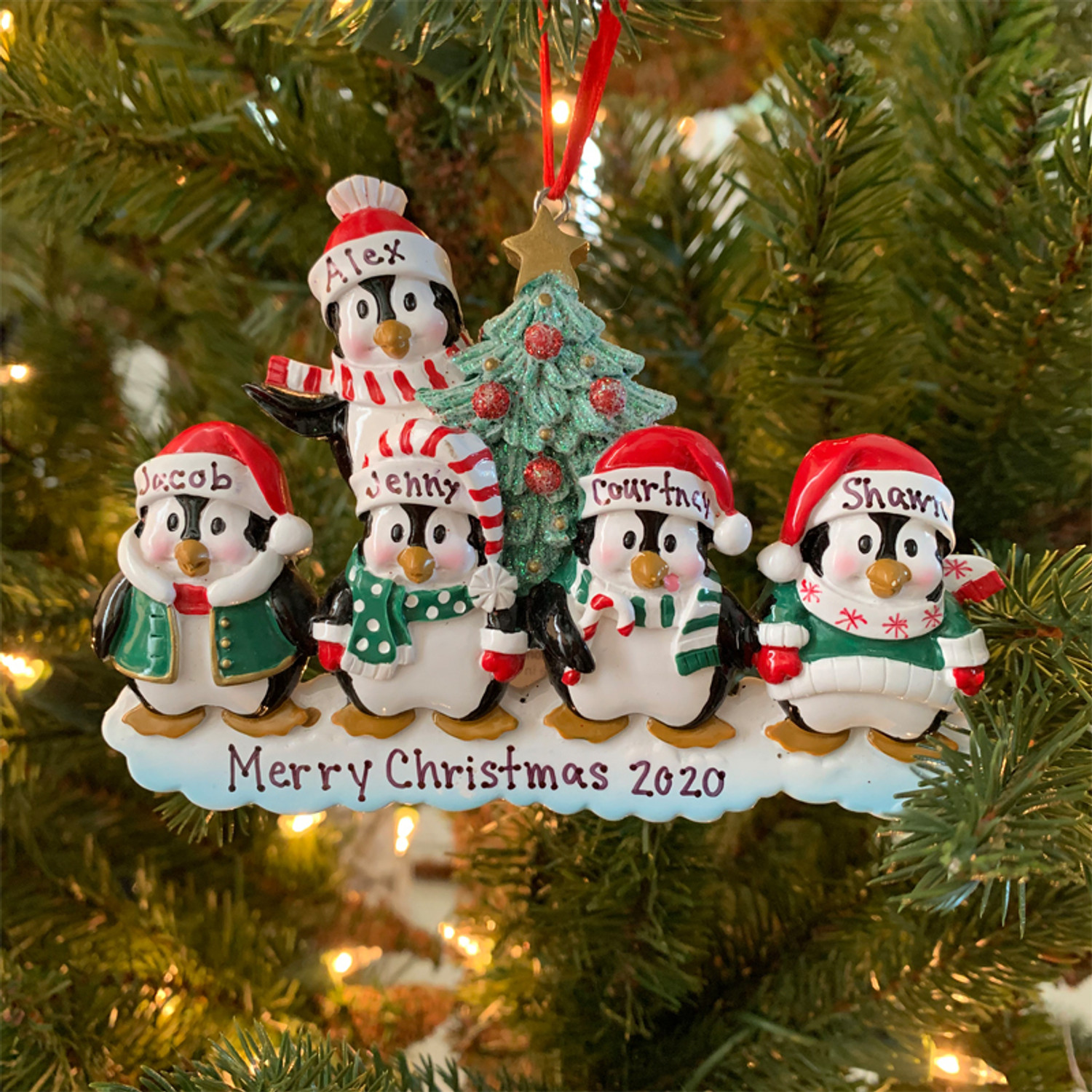 Family Personalized Christmas Ornament with 5 Penguins