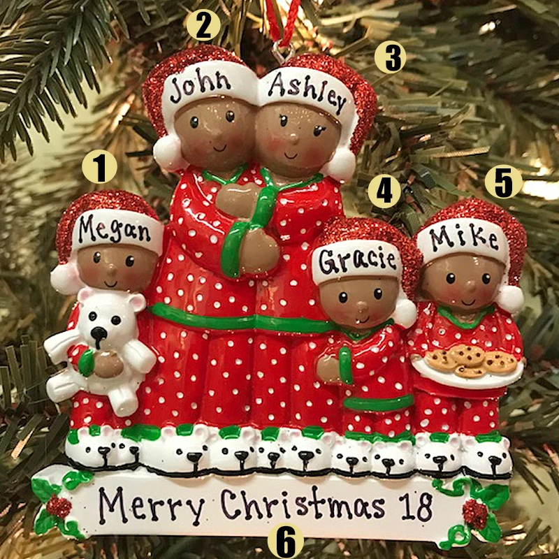 African American Family of 5 Personalized Christmas Ornament ...