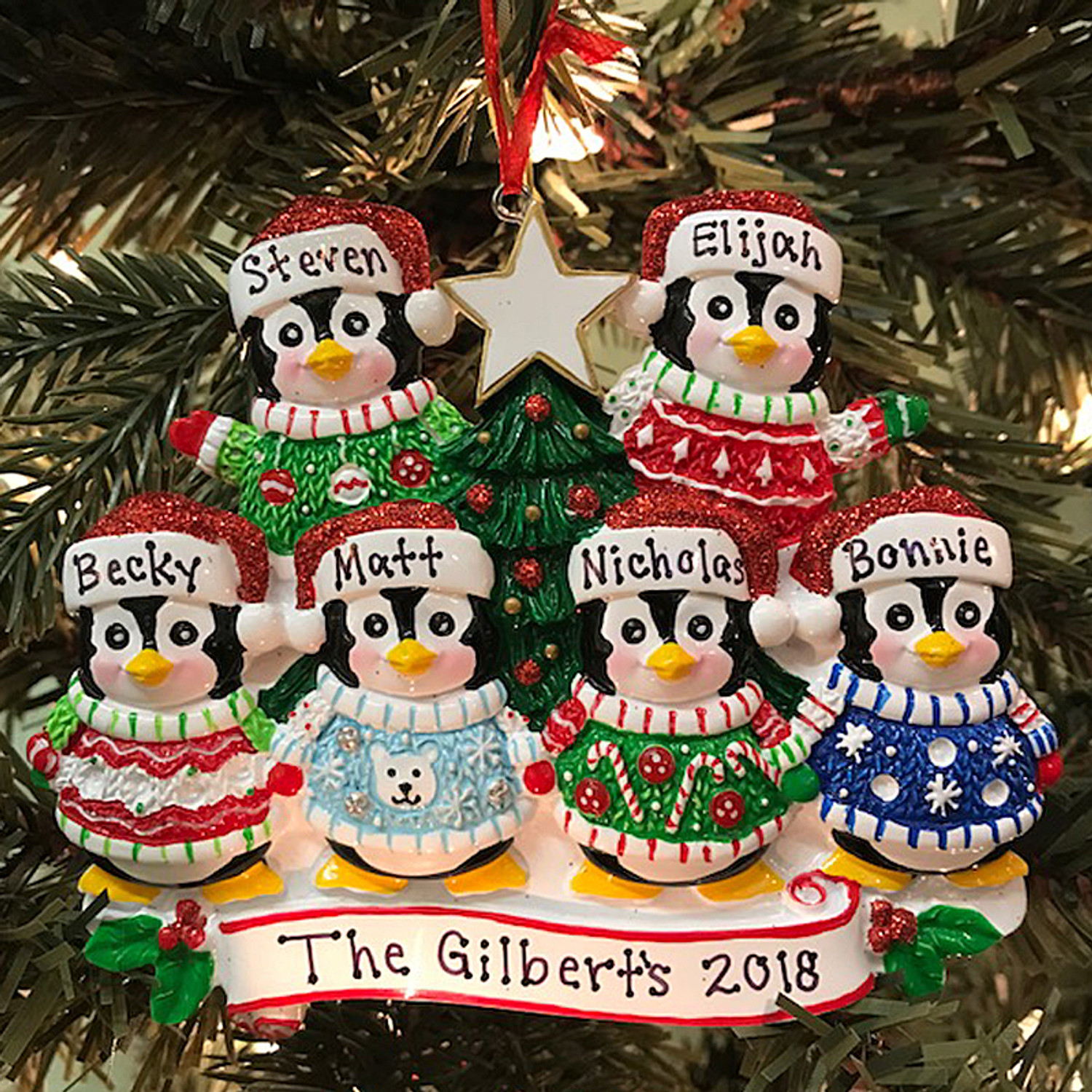 Ugly Sweater Penguin Family of 6 Personalized Christmas Ornament