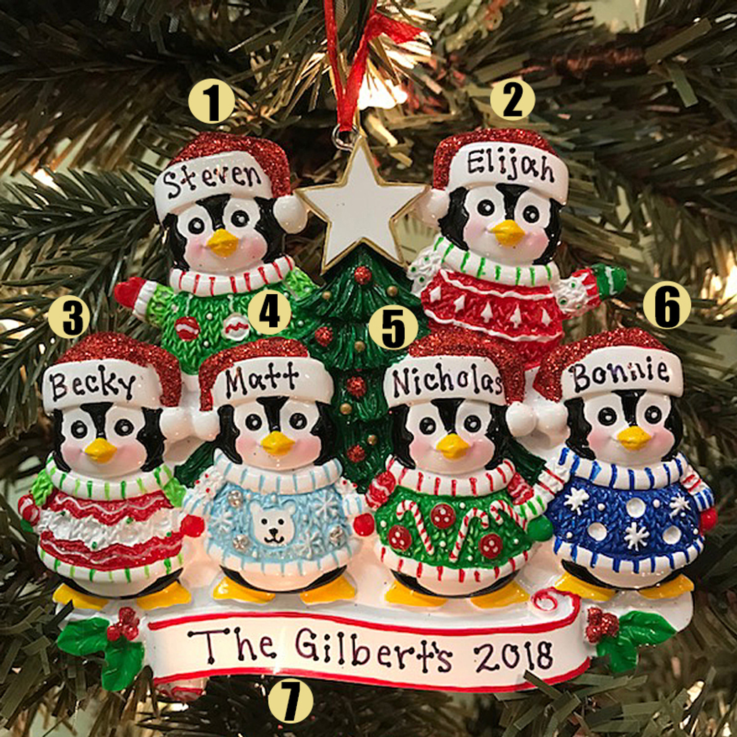 Ugly Sweater Penguin Family of 6 Personalized Christmas Ornament