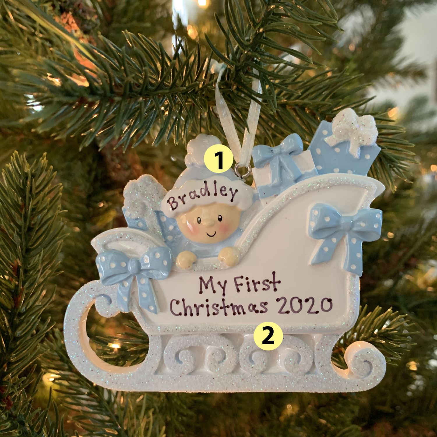 Baby's First Christmas Boy In Sleigh Personalized Christmas Ornament  OR1649-B