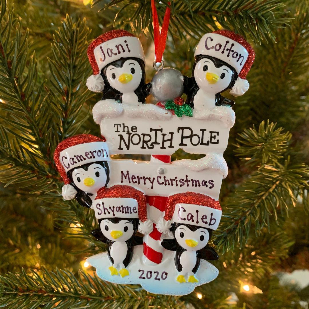 Penguin Family of 5 at The North Pole Personalized Christmas Ornament ...