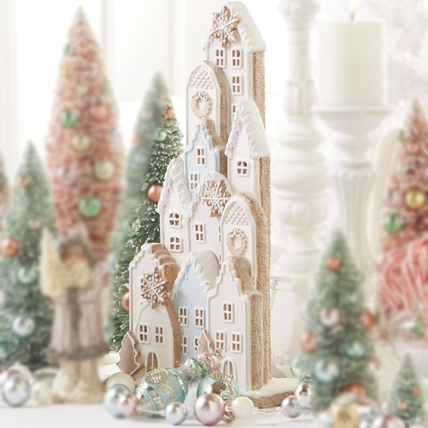 Ceramic Christmas Tree White Small Red Birds Gold Shimmer and Icy