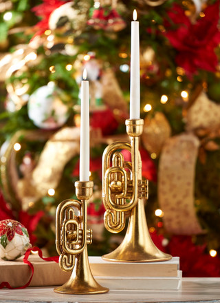 Raz Gold Horn Taper Christmas Candle Holders Set of 2 | Raz