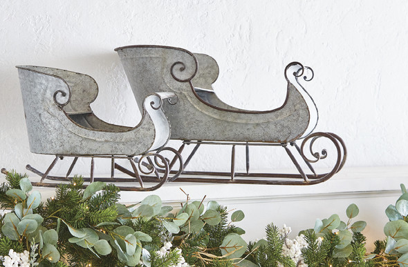 Raz 16.5" & 24.5" Galvanized Distressed Metal Sleighs Set of 2 Christmas Decoration 4128884