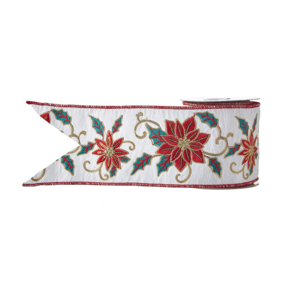 Raz 4" Embroidered Poinsettia Wired Christmas Ribbon R4171885 -2