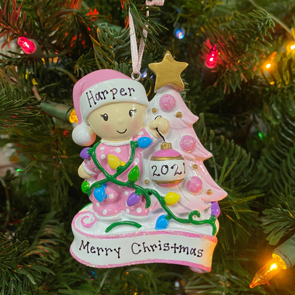 Baby Decorating a Tree Pink Personalized Christmas Ornament OR1847-P