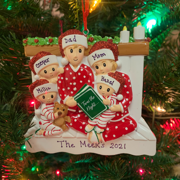 4.5" Family of 5 Reading in Bed Personalized Christmas Ornament OR2025-5 -3