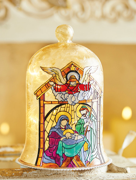 Raz 9" Holy Family Faux Stained Glass Lighted Cloche Christmas Decoration 4116345