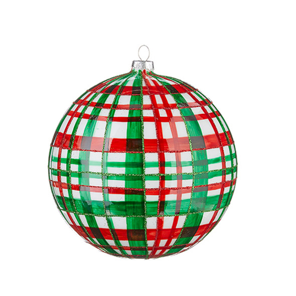 Raz 6" Large Plaid Ball Glass Christmas Ornament 4224539