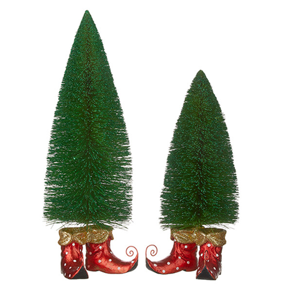 Raz Set of 2 Green Glitter Bottle Brush Tree with Elf Shoes 4227111 -2