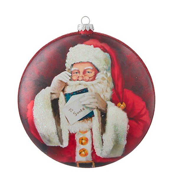 Raz 6" Santa Reading Letter Disc Glass Christmas Ornament 4252887 -2