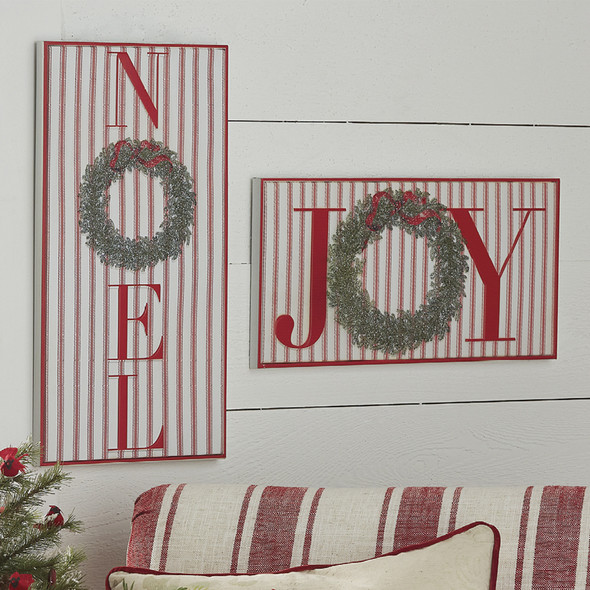 Raz Red and White Striped Joy tai Noel metallikehystetty joulukyltti