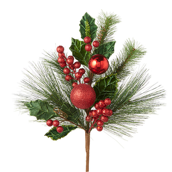 Raz 18.5" Mixed Greenery with Berries and Ornaments Christmas Tree Pick F4226019 -2