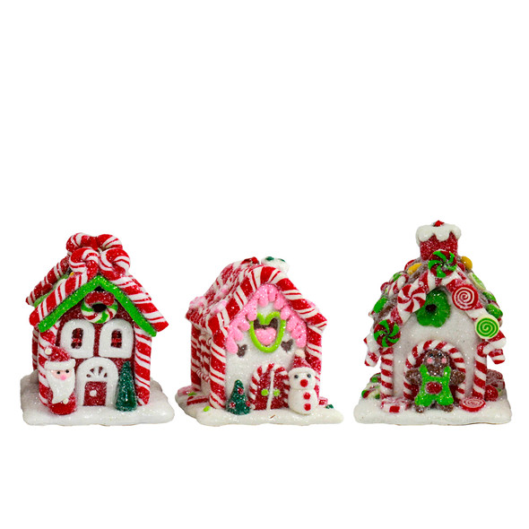 Set mit 3 batteriebetriebenen beleuchteten Lebkuchen-Süßigkeitenhaus-Weihnachtsornamenten aus Tonteig D4107