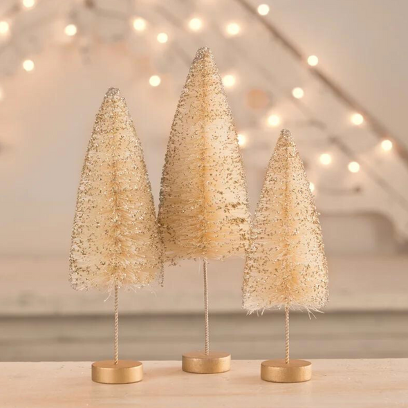 Bethany Lowe Set of 3 Opal Gold Glow Bottle Brush Trees Christmas Decoration LC1616