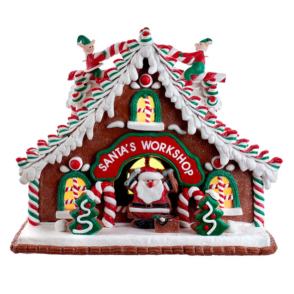 Kurt Adler 10,5" operado por bateria ilumina a oficina do Papai Noel Claydough Gingerbread Christmas House GBJ0039