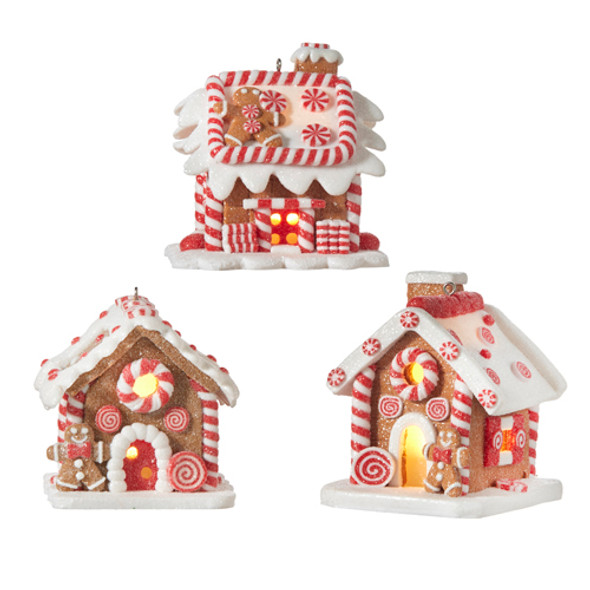 Raz set van 3 9,5 cm verlichte kerstornament met peperkoekhuis 4115522 -2