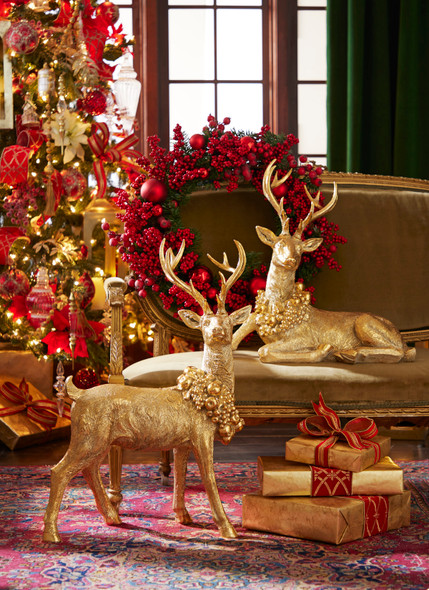 Raz Gold Laying or Standing Deer with Wreath Christmas Decoration