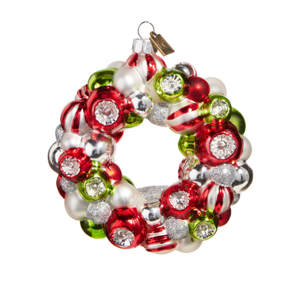Raz Eric Cortina 4" Red, Green, and White Wreath Glass Christmas Ornament 4353164 -2