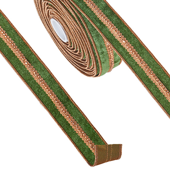 Raz 4" grønt fløjlsjulebånd med guldsmykker R4227719-2