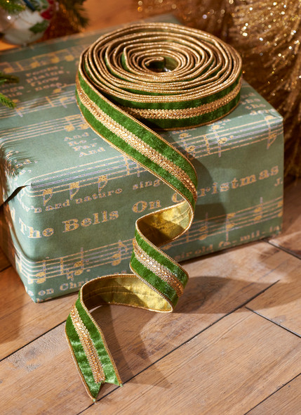 Raz 1,5" Πράσινη βελούδινη χριστουγεννιάτικη κορδέλα με χρυσά κοσμήματα R4227719