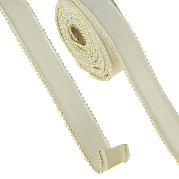 Raz 2.5" Pearl Trim Ivory Wired Christmas Ribbon R4327718 -2