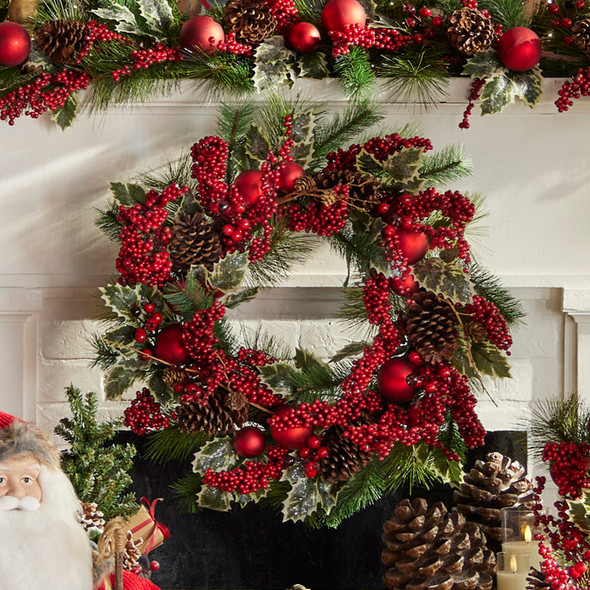 Raz 28" Iced Berry and Ornament Christmas Wreath W4302480