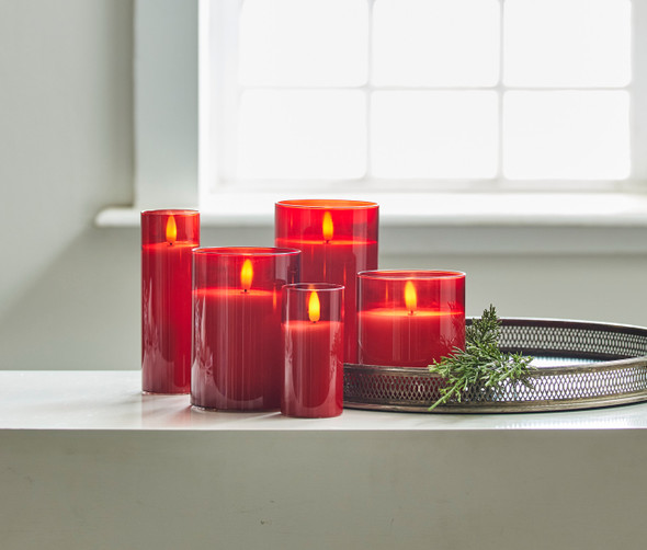 Uyuni Moving Flame Red Glass Ivory Pillar Battery Candle