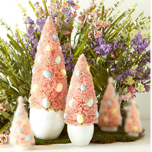 Raz, juego de 2 árboles con cepillo para botellas de color rosa en maceta con adornos de huevos 4415512
