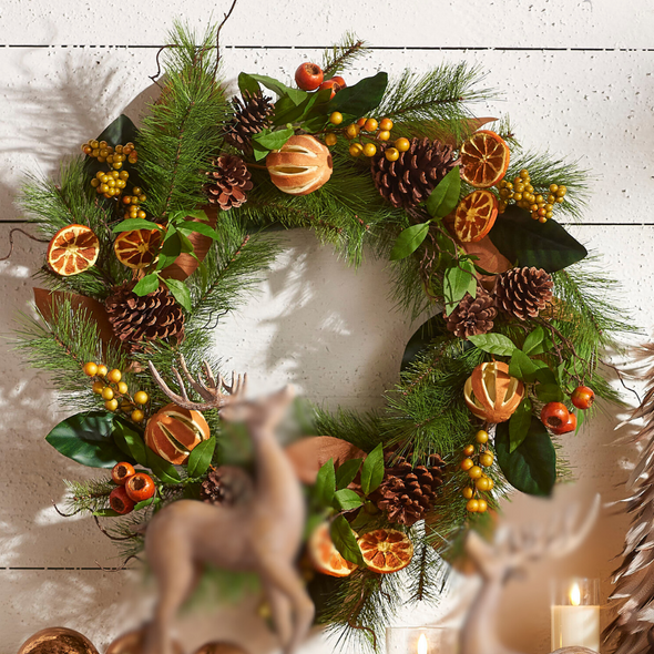 Raz 24" Mixed Magnolia Leaf and Orange Christmas Wreath W4302475