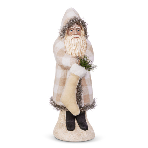 Raz 12" elfenbeinfarbener Gingham-Samt-Weihnachtsmann mit Strumpf, Weihnachtsdekoration 4419006 -2
