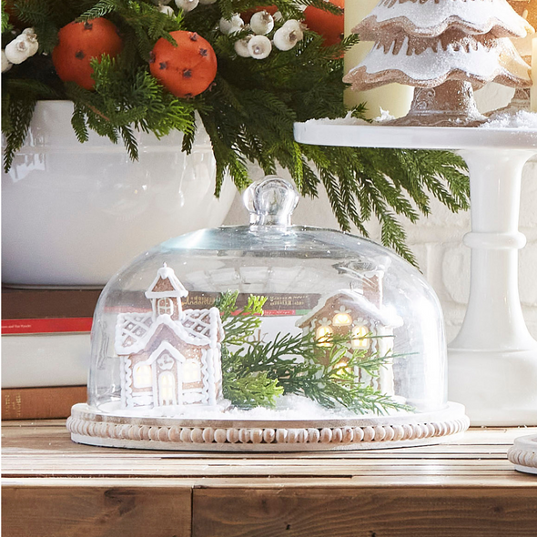 Raz houten dienblad van 25,5 cm met whitewash kralen en cloche kerstversiering 4424402