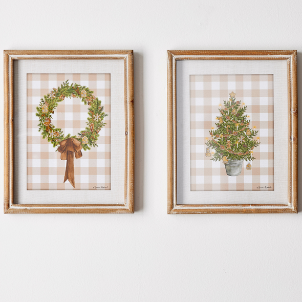 Conjunto de impressão emoldurada Raz 12" Gingerbread Gingham Greenery com 2 decorações de Natal 4444547
