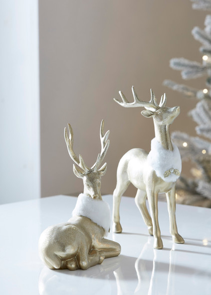 Raz 11.5" Gold Deer with Fur Collar Christmas Decoration Set of 2 4411348