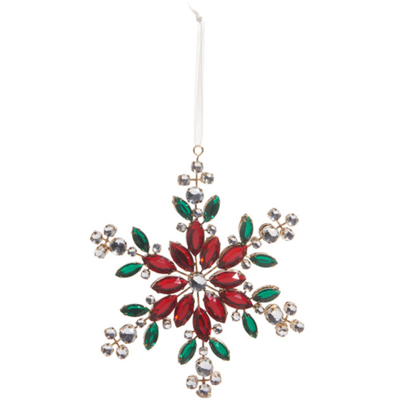 Raz 6" Red and Green Jeweled Snowflake Christmas Ornament 4413517