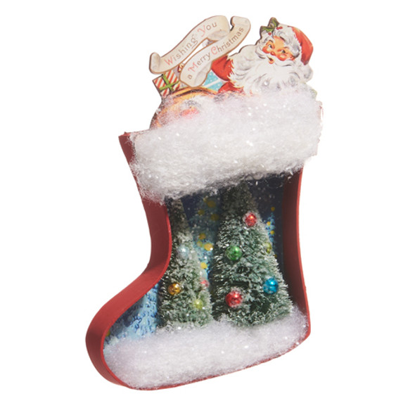 Raz 6" Weihnachtsmann und Baum ausgeschnittener Weihnachtsstrumpf im Vintage-Stil 4415631