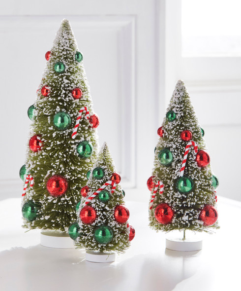 Raz 12" Set of 3 Snowy Bottle Brush Trees with Candy Cane Ornaments Christmas Decoration 4416110