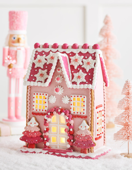 Raz 13" Beleuchtete Rosa Lebkuchenhaus-Weihnachtsdekoration 4416187