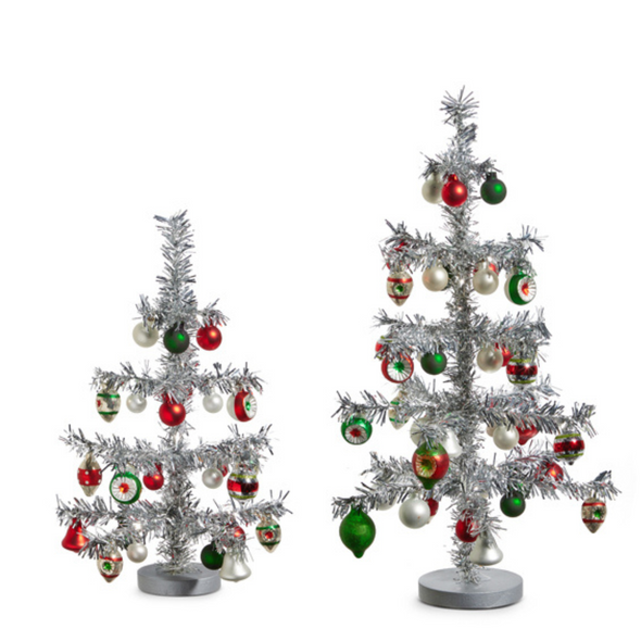Raz 14" oder 19,5" silberner Vintage-Lametta-Baum mit Ornamenten, Weihnachtsdekoration