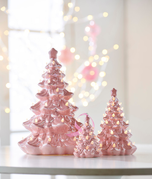 Raz 5 英吋、8 英吋或 13 英吋帶燈粉紅色陶瓷聖誕樹 