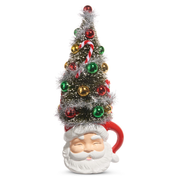 Raz 14" Bottle Brush Tree Santa Mug Christmas Decoration 4419048